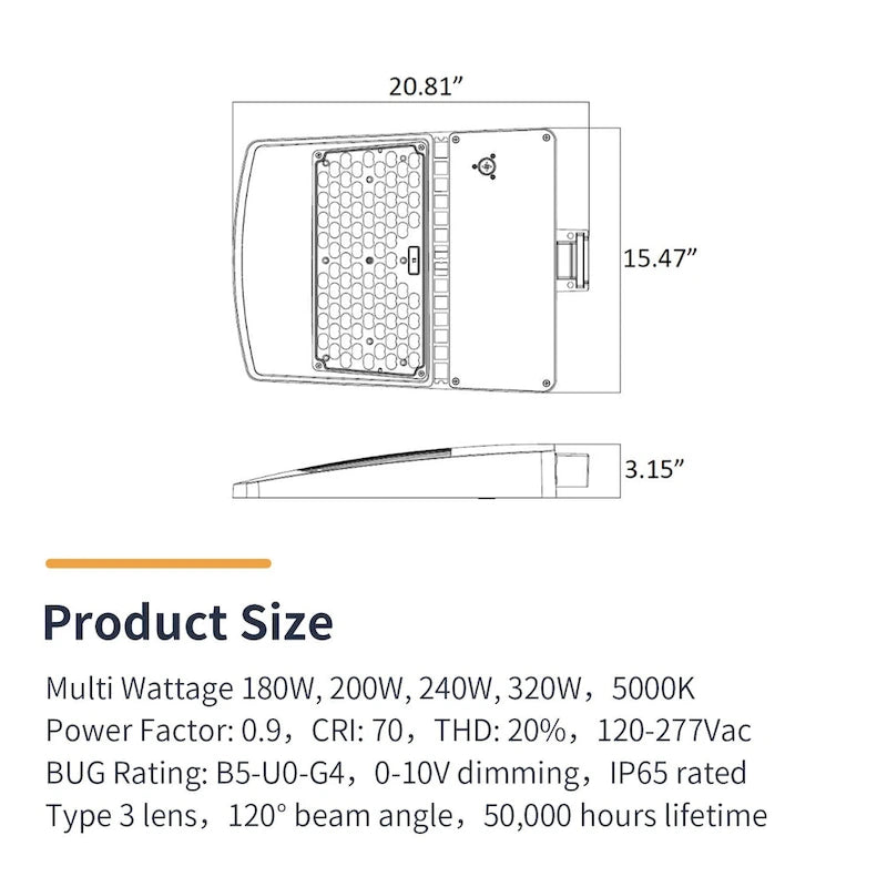 LED Area Light Type III, Dimmable, 50-150W Wattage Selectable, Bronze, 120-277Vac, UL Listed, 1 Pack - 15.65