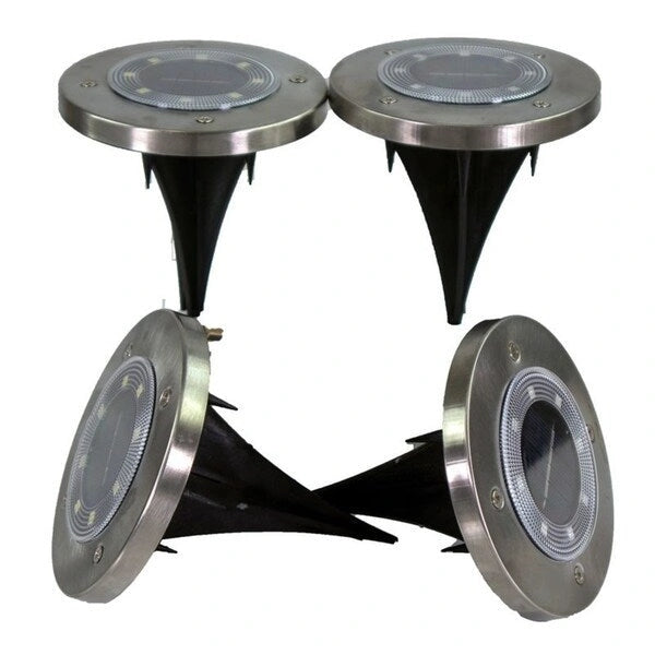 Solar Powered Disk Path Ground Lights 8 Ultra Bright LED's With Light Diffusing Lens - Outdoor/Indoor IP65 Waterproof - 4 Pack