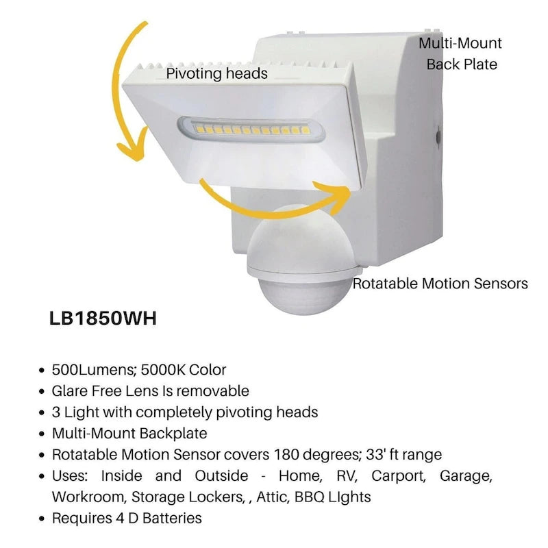 Projecteur de sécurité LED à détecteur de mouvement IQ America 500 lumens, alimenté par batterie, montage mural sous avant-toit