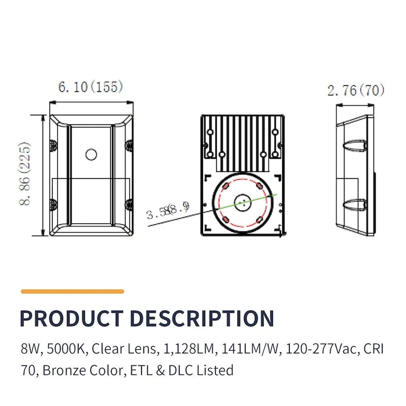 LED Wall Pack Light, 3CCT and Wattage Adjustable(8W/10W/15W/25W), IP65 Outdoor Mini Wall Pack, Bronze - 5.53
